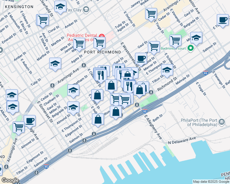 map of restaurants, bars, coffee shops, grocery stores, and more near 3132-48 East Thompson Street in Philadelphia