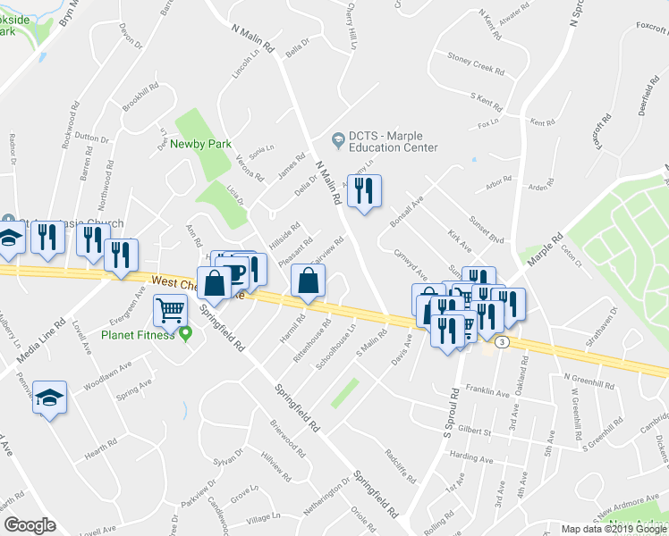 map of restaurants, bars, coffee shops, grocery stores, and more near 14 West Garden Road in Broomall