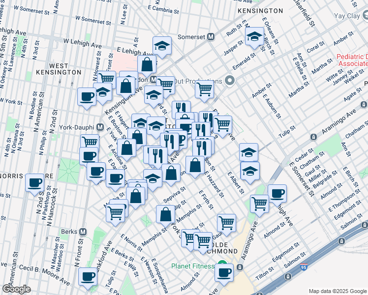 map of restaurants, bars, coffee shops, grocery stores, and more near 2547 Frankford Avenue in Philadelphia