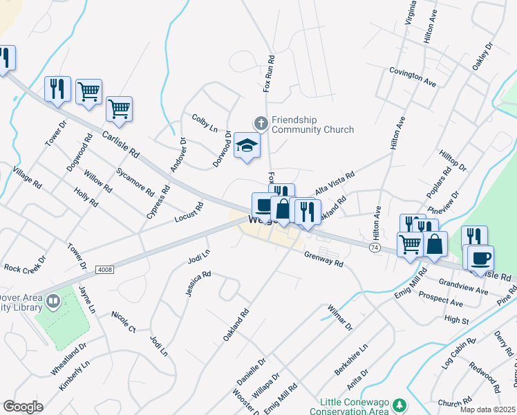 map of restaurants, bars, coffee shops, grocery stores, and more near 3147 Carlisle Road in Dover