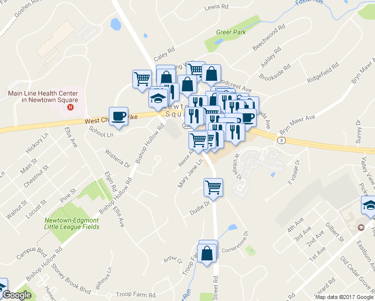 map of restaurants, bars, coffee shops, grocery stores, and more near 17 Reese Avenue in Newtown Square