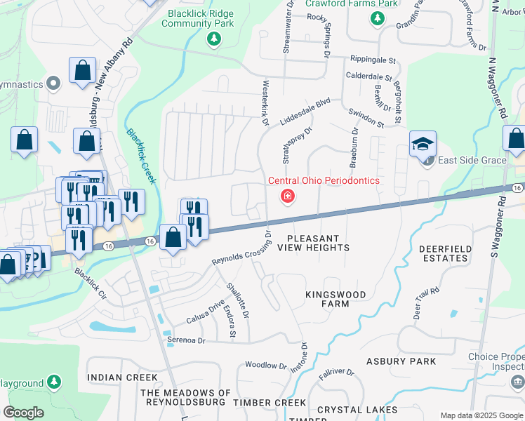 map of restaurants, bars, coffee shops, grocery stores, and more near 27 Bannockburn Boulevard in Blacklick