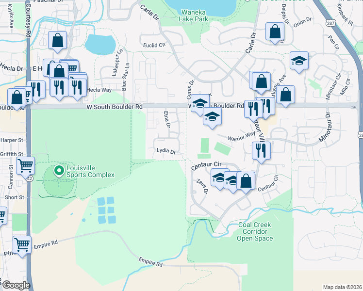 map of restaurants, bars, coffee shops, grocery stores, and more near 1704 Ostia Circle in Lafayette