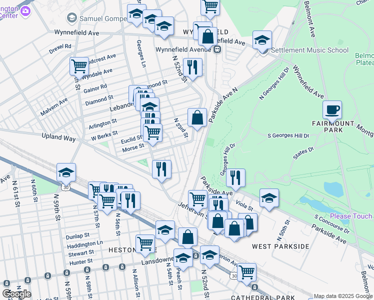 map of restaurants, bars, coffee shops, grocery stores, and more near 5200 West Montgomery Avenue in Philadelphia