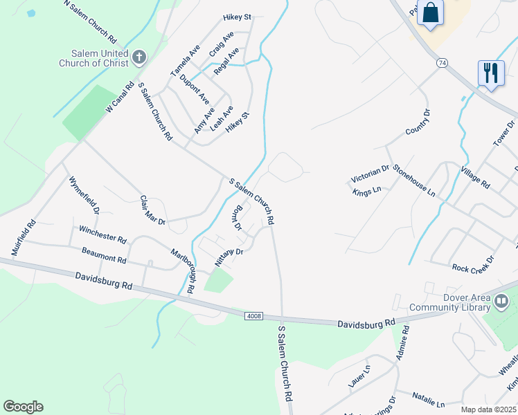 map of restaurants, bars, coffee shops, grocery stores, and more near 4570 South Salem Church Road in Dover