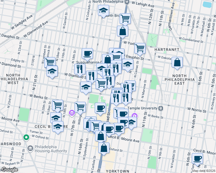 map of restaurants, bars, coffee shops, grocery stores, and more near 2027 North Carlisle Street in Philadelphia
