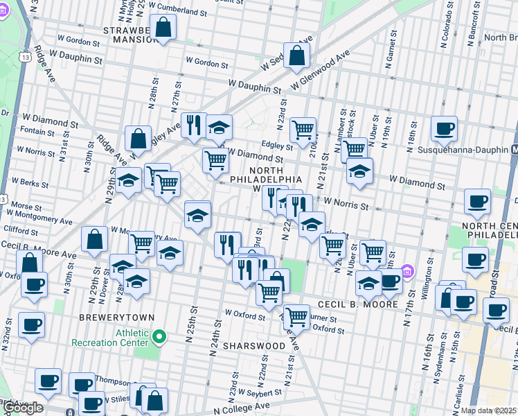 map of restaurants, bars, coffee shops, grocery stores, and more near 1920 North 23rd Street in Philadelphia