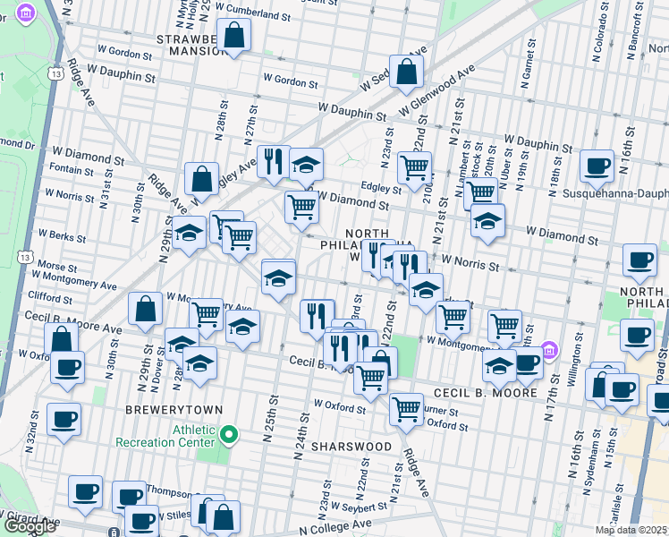 map of restaurants, bars, coffee shops, grocery stores, and more near 1919 North 24th Street in Philadelphia