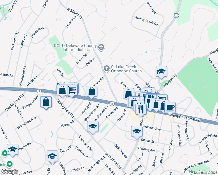 map of restaurants, bars, coffee shops, grocery stores, and more near 18 North Malin Road in Broomall