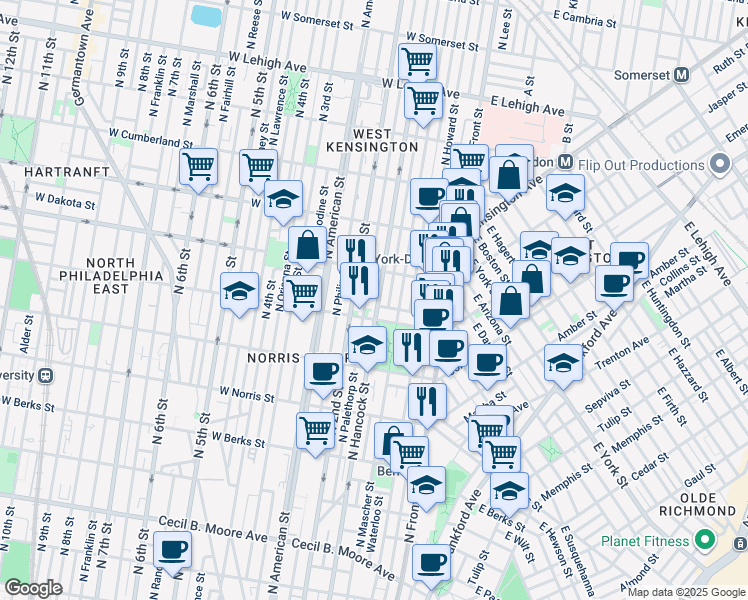 map of restaurants, bars, coffee shops, grocery stores, and more near 2218 North Hancock Street in Philadelphia