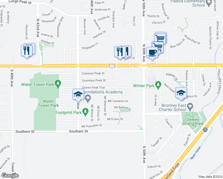 map of restaurants, bars, coffee shops, grocery stores, and more near 4762 Tanner Peak Trail in Brighton