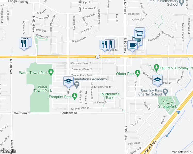 map of restaurants, bars, coffee shops, grocery stores, and more near 4750 Tanner Peak Trail in Brighton