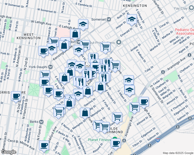 map of restaurants, bars, coffee shops, grocery stores, and more near 2566 Collins Street in Philadelphia