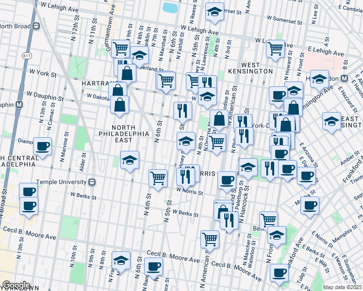 map of restaurants, bars, coffee shops, grocery stores, and more near 442 West Susquehanna Avenue in Philadelphia