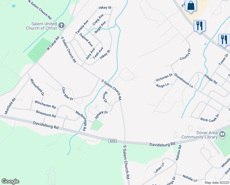 map of restaurants, bars, coffee shops, grocery stores, and more near 4570 South Salem Church Road in Dover