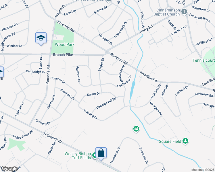 map of restaurants, bars, coffee shops, grocery stores, and more near 2805 Hunterdon Drive in Cinnaminson