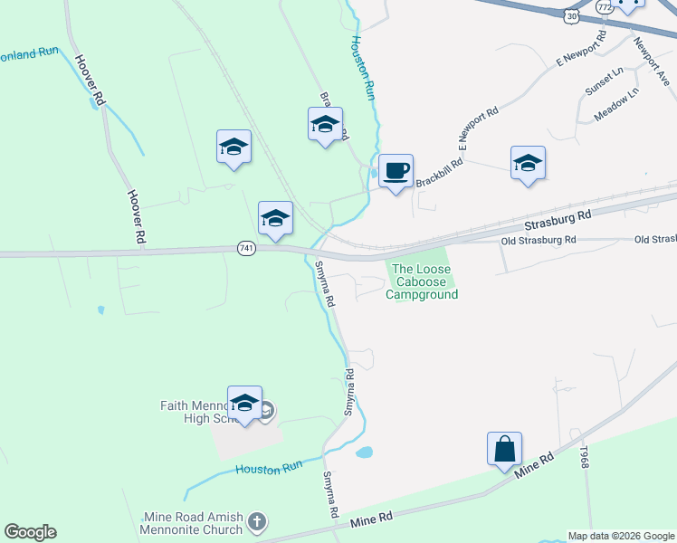 map of restaurants, bars, coffee shops, grocery stores, and more near 901 Smyrna Road in Kinzers