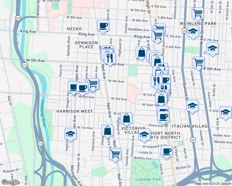 map of restaurants, bars, coffee shops, grocery stores, and more near 1097 Highland Street in Columbus