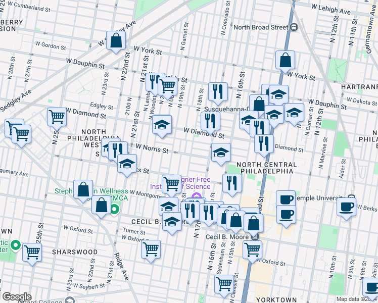 map of restaurants, bars, coffee shops, grocery stores, and more near 2006 North 18th Street in Philadelphia