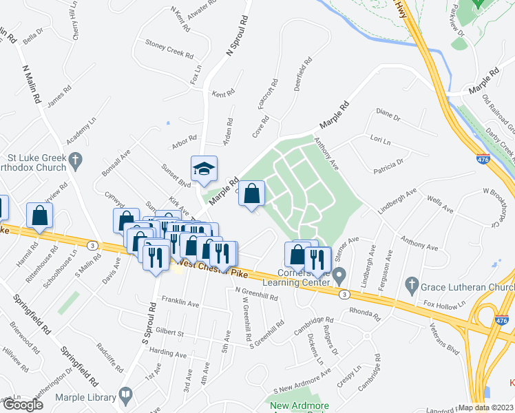 map of restaurants, bars, coffee shops, grocery stores, and more near 115 Ceton Court in Broomall