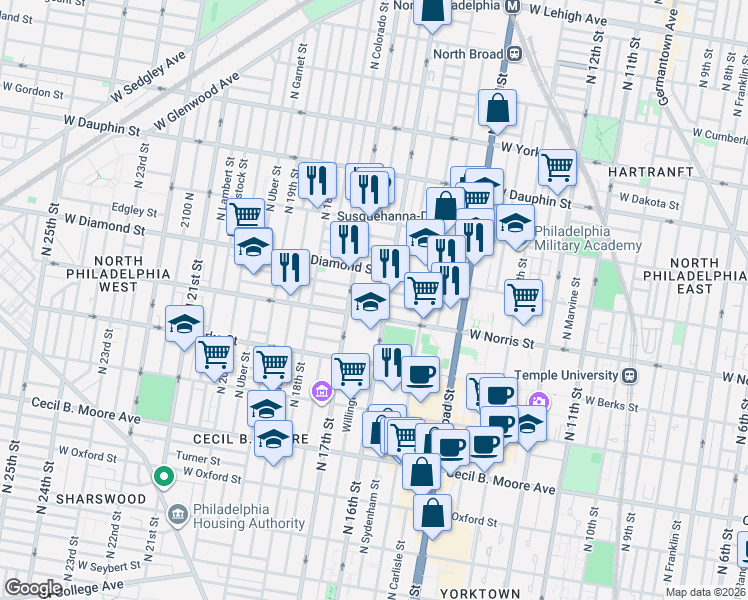 map of restaurants, bars, coffee shops, grocery stores, and more near 1602 Page Street in Philadelphia