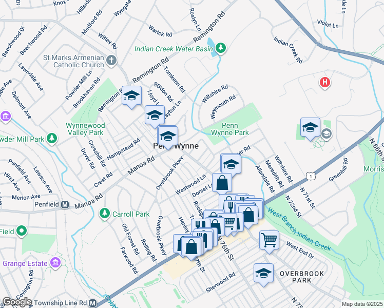 map of restaurants, bars, coffee shops, grocery stores, and more near 1362 Overbrook Road in Wynnewood