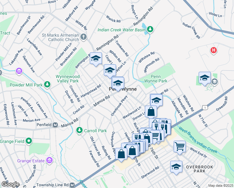 map of restaurants, bars, coffee shops, grocery stores, and more near 1440 Manoa Road in Wynnewood
