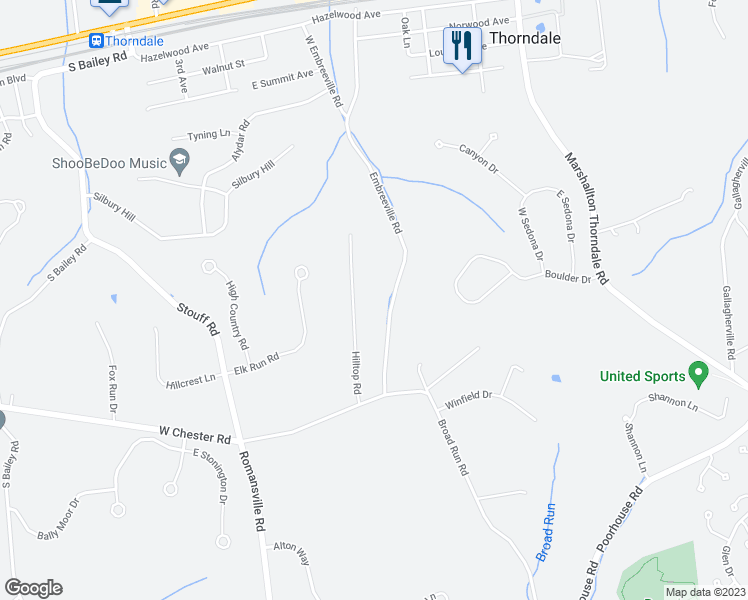 map of restaurants, bars, coffee shops, grocery stores, and more near 1533 Hilltop Road in Downingtown