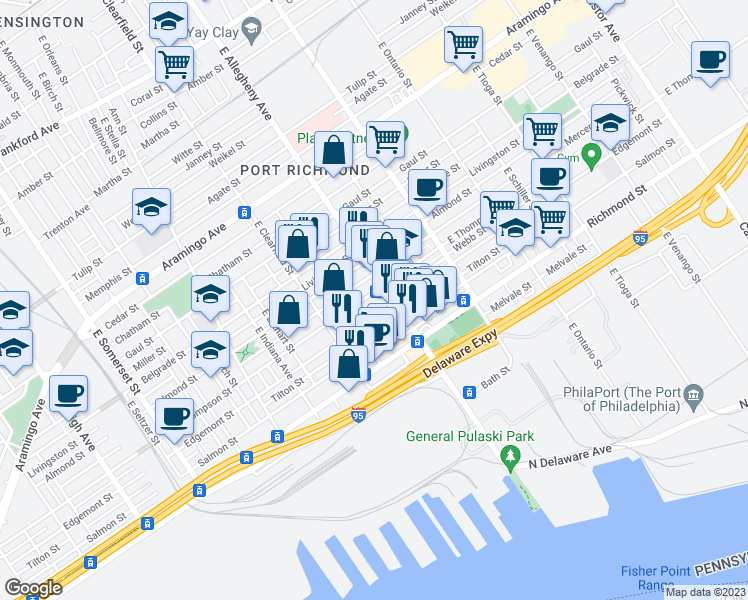 map of restaurants, bars, coffee shops, grocery stores, and more near 3183 East Thompson Street in Philadelphia