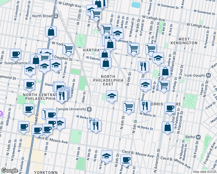 map of restaurants, bars, coffee shops, grocery stores, and more near 2137 North 8th Street in Philadelphia