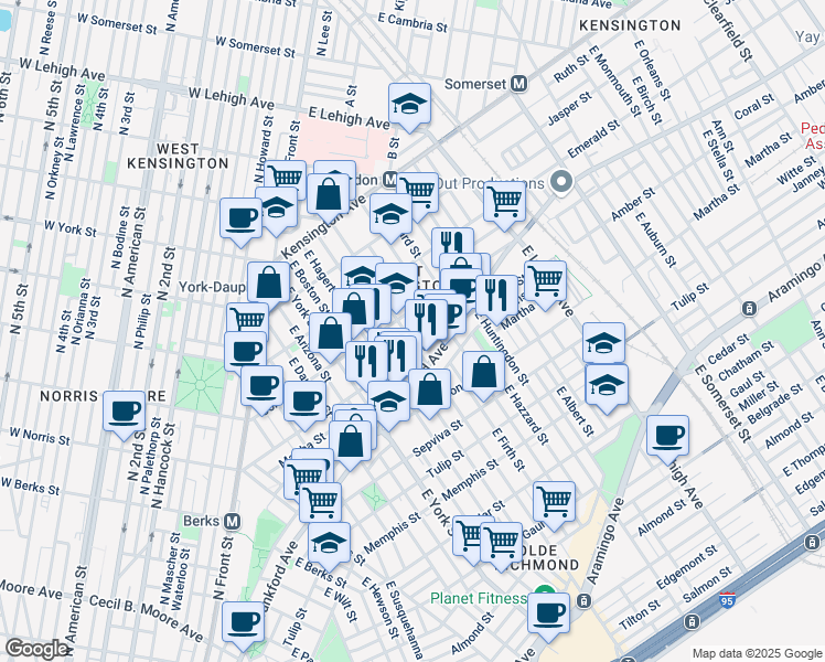 map of restaurants, bars, coffee shops, grocery stores, and more near 2075 East Cumberland Street in Philadelphia