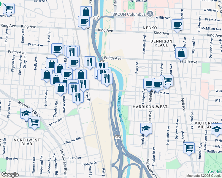 map of restaurants, bars, coffee shops, grocery stores, and more near 1145 Olentangy River Road in Columbus