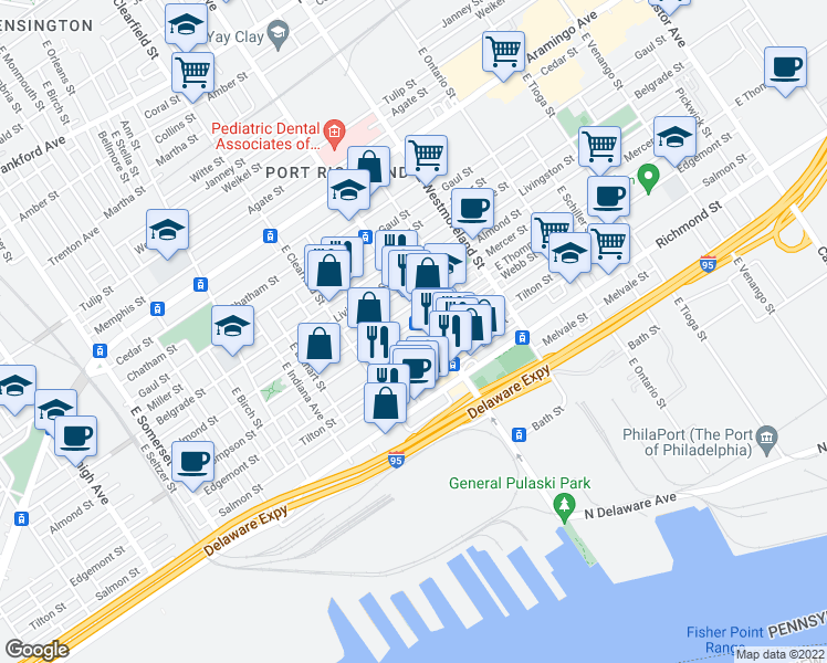 map of restaurants, bars, coffee shops, grocery stores, and more near 3183 East Thompson Street in Philadelphia