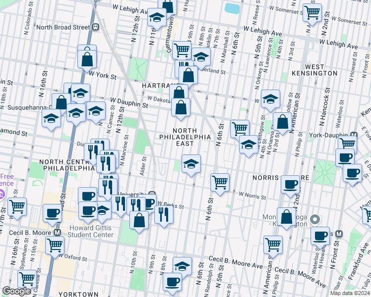map of restaurants, bars, coffee shops, grocery stores, and more near 2137 North 8th Street in Philadelphia