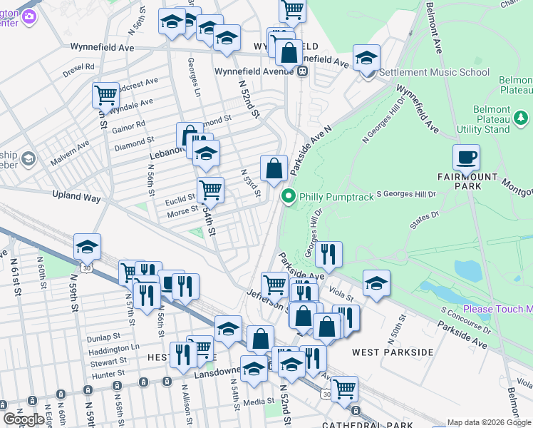 map of restaurants, bars, coffee shops, grocery stores, and more near 1739 North Peach Street in Philadelphia