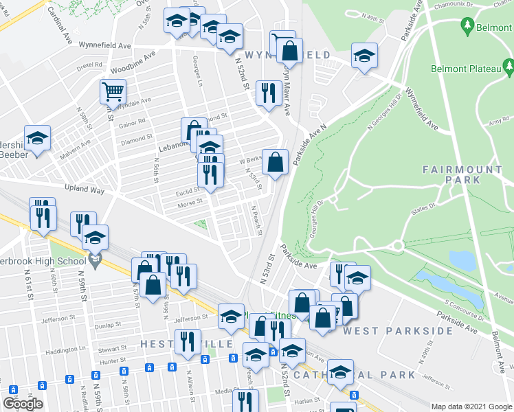 map of restaurants, bars, coffee shops, grocery stores, and more near 1755 North Peach Street in Philadelphia