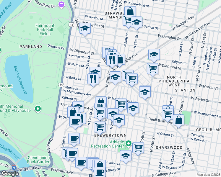 map of restaurants, bars, coffee shops, grocery stores, and more near 2839 West Glenwood Avenue in Philadelphia
