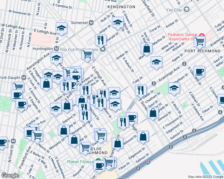 map of restaurants, bars, coffee shops, grocery stores, and more near 2186 East Lehigh Avenue in Philadelphia