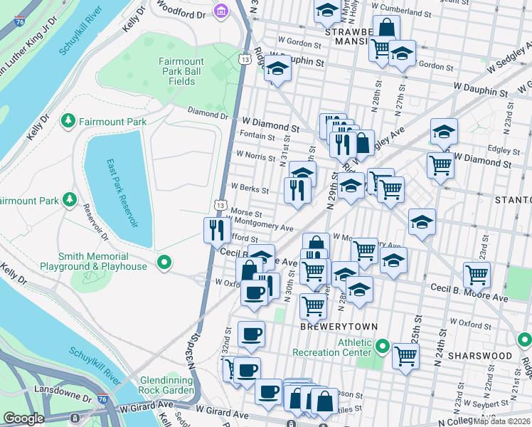 map of restaurants, bars, coffee shops, grocery stores, and more near 1811 North 31st Street in Philadelphia