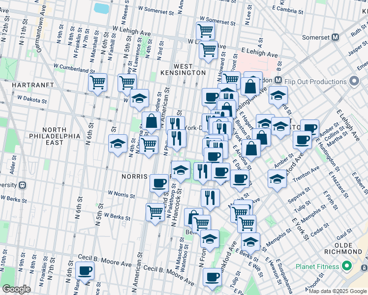 map of restaurants, bars, coffee shops, grocery stores, and more near 2218 North Hancock Street in Philadelphia