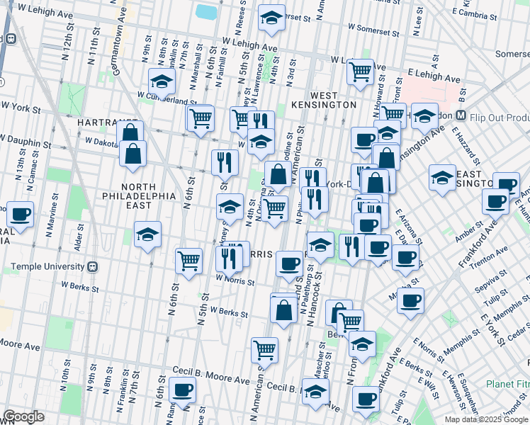 map of restaurants, bars, coffee shops, grocery stores, and more near 3003 West Susquehanna Avenue in Philadelphia