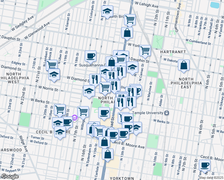 map of restaurants, bars, coffee shops, grocery stores, and more near 2041 North Carlisle Street in Philadelphia