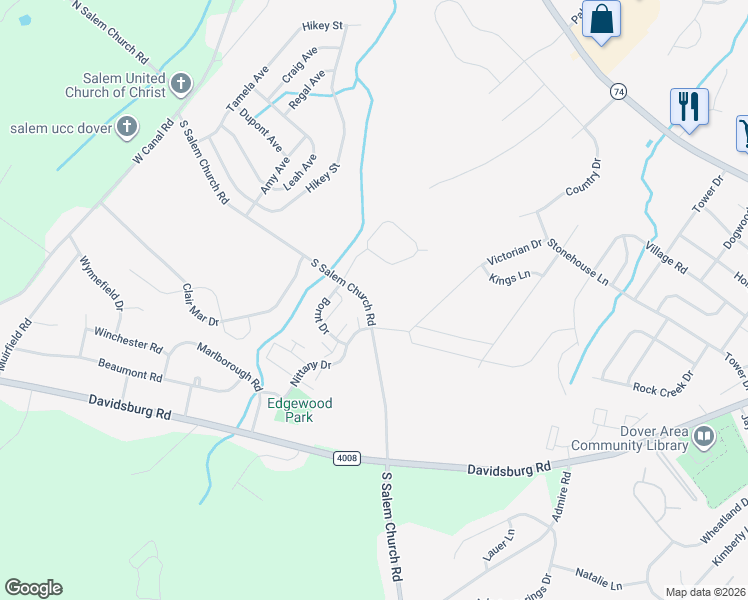 map of restaurants, bars, coffee shops, grocery stores, and more near 4560 South Salem Church Road in Dover