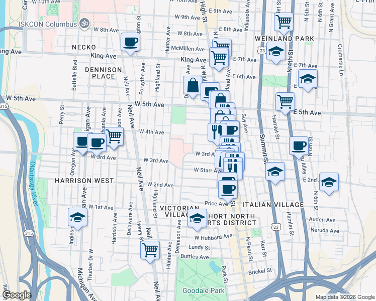 map of restaurants, bars, coffee shops, grocery stores, and more near 1087 Dennison Avenue in Columbus