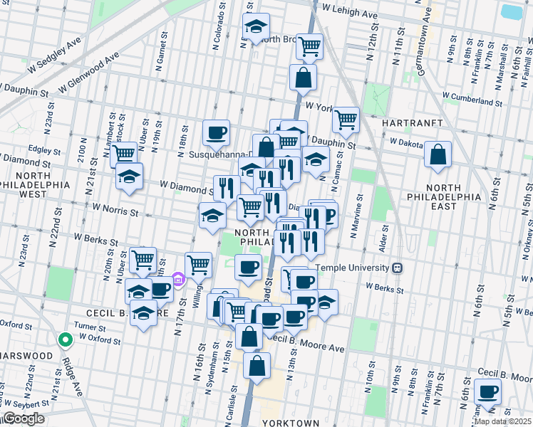 map of restaurants, bars, coffee shops, grocery stores, and more near 2041 North Carlisle Street in Philadelphia
