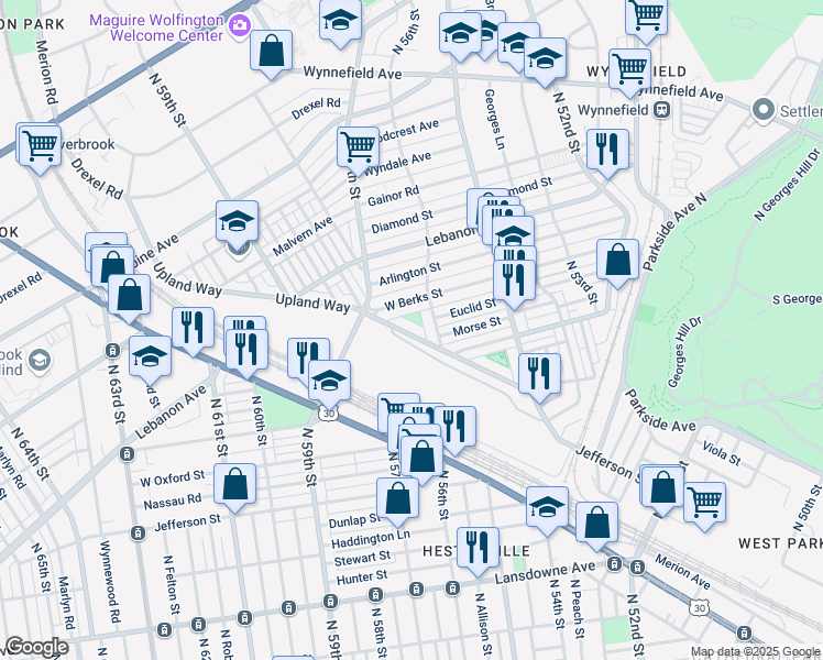 map of restaurants, bars, coffee shops, grocery stores, and more near 5633 Upland Way in Philadelphia