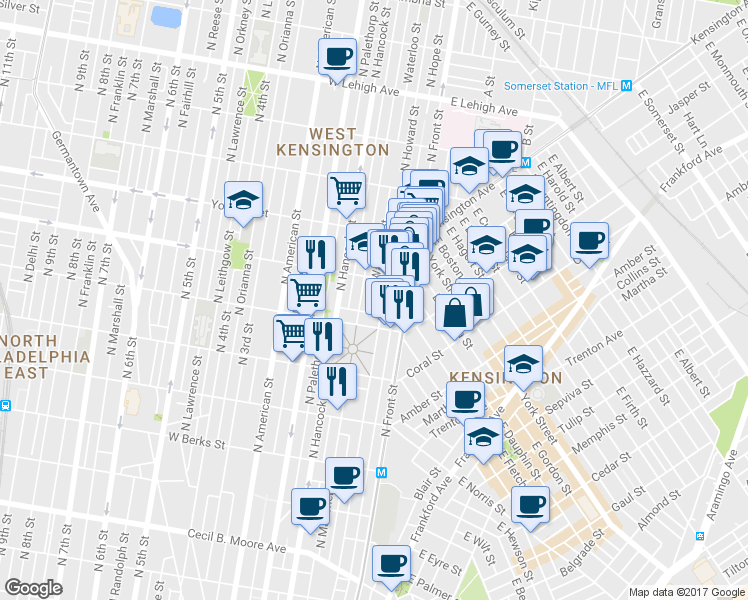 map of restaurants, bars, coffee shops, grocery stores, and more near 2231 Waterloo Street in Philadelphia