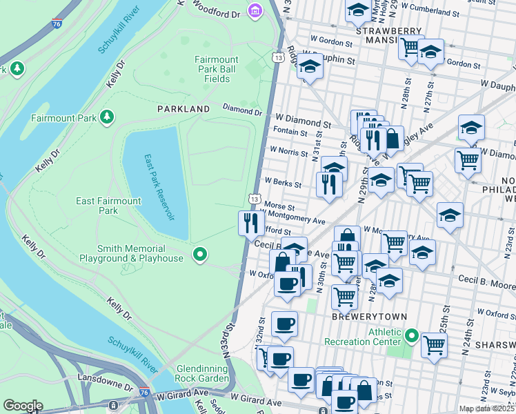 map of restaurants, bars, coffee shops, grocery stores, and more near 1805 North 33rd Street in Philadelphia