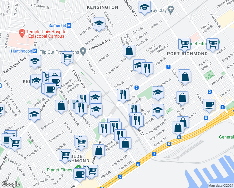map of restaurants, bars, coffee shops, grocery stores, and more near 2325 East Somerset Street in Philadelphia