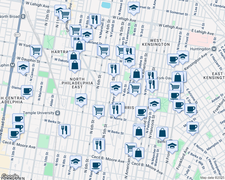map of restaurants, bars, coffee shops, grocery stores, and more near 442 West Susquehanna Avenue in Philadelphia